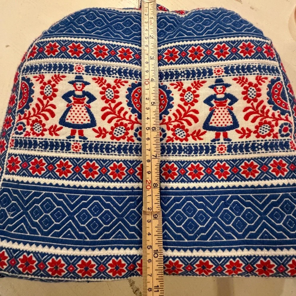 Vintage Tea Cozy Folk Art Woven Red Blue Woven Padded Teapot Cover